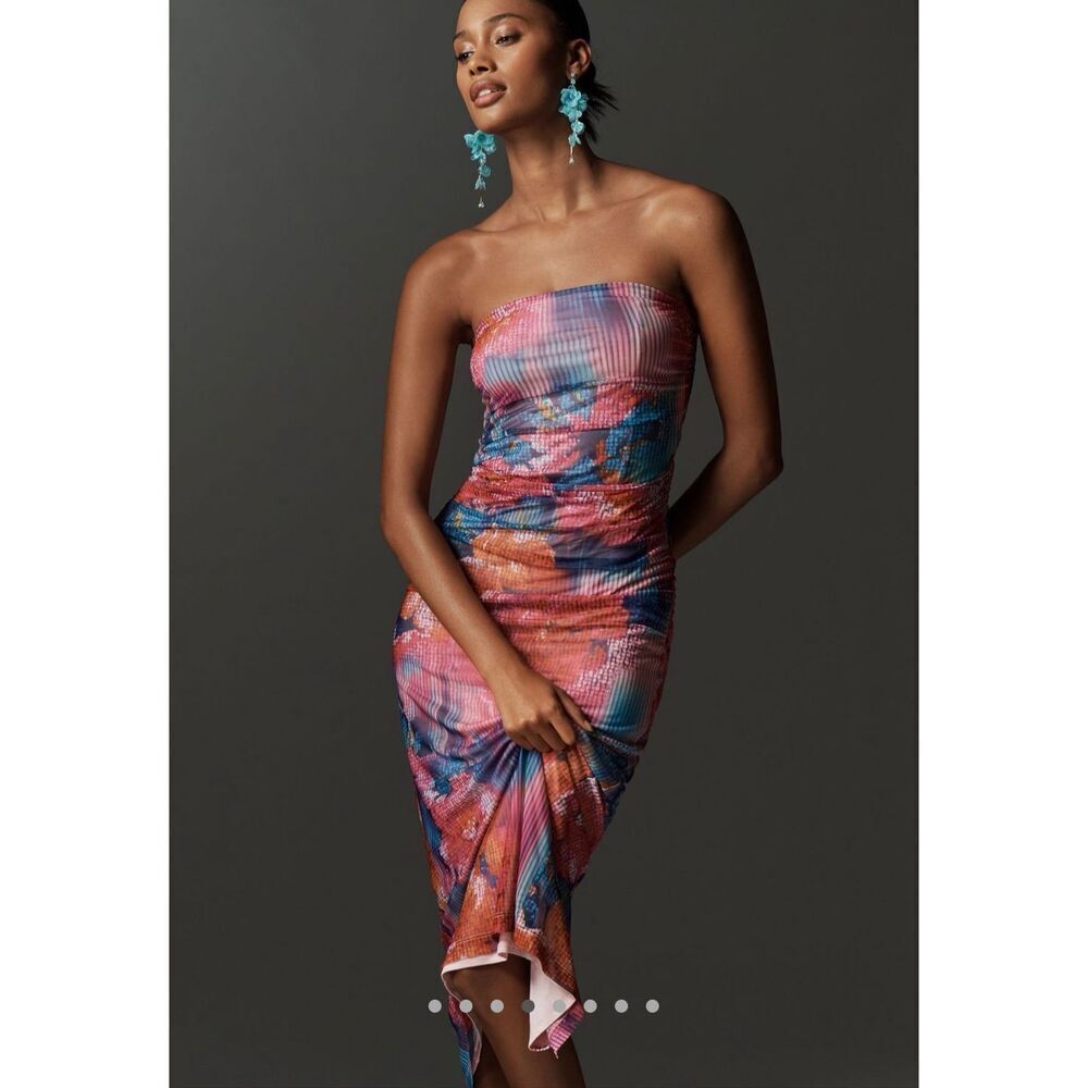 NEW Anthropologie The Soleil Slim Strapless Ruched Mesh Midi Floral Dress Medium